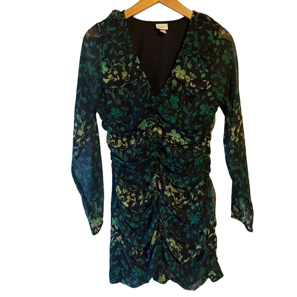 Floral Print Ruched V Neck Long Sleeve Mini Dress Black Green Size S Whimsigoth